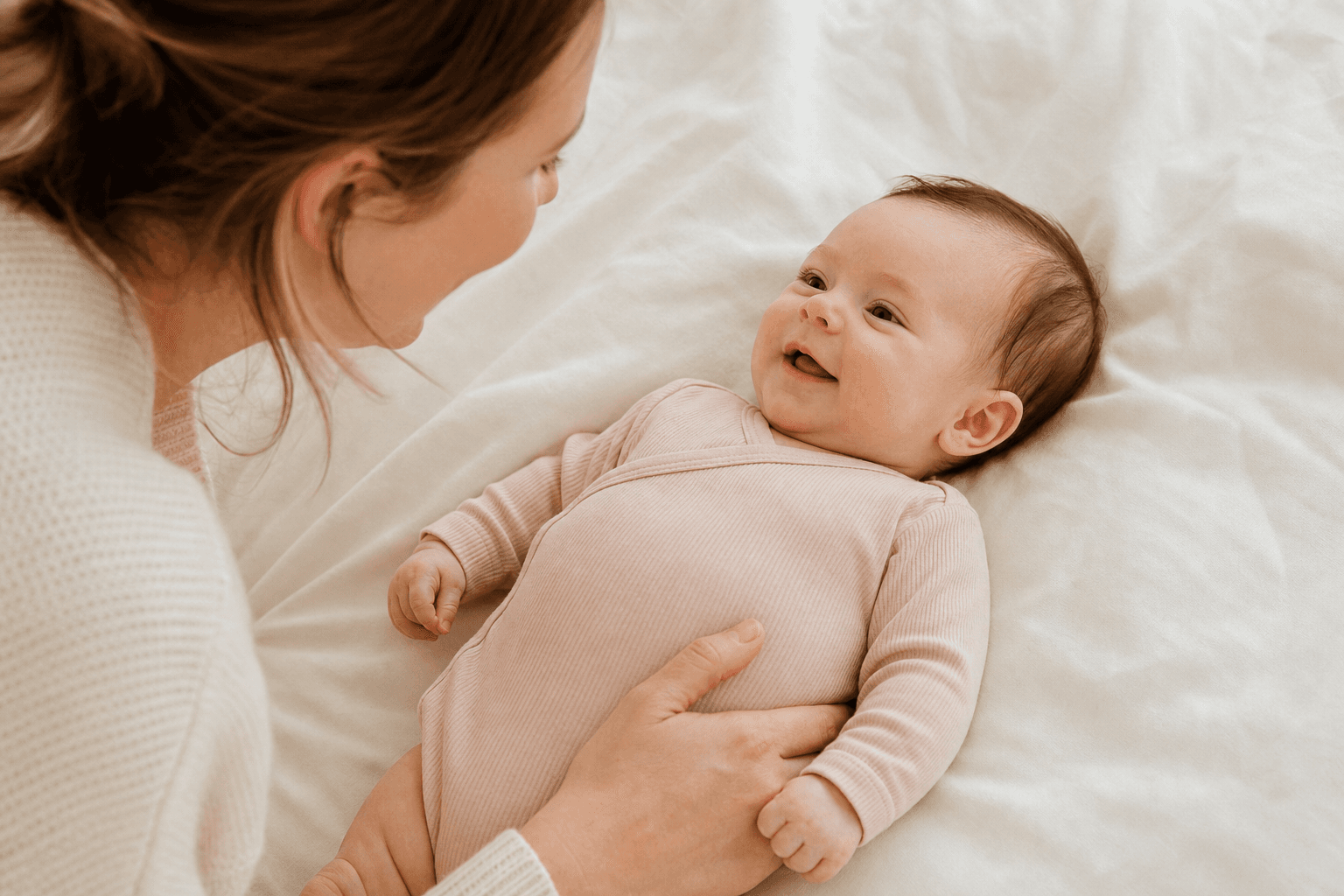 Parent watching a baby smile for the first time on soft white bedding