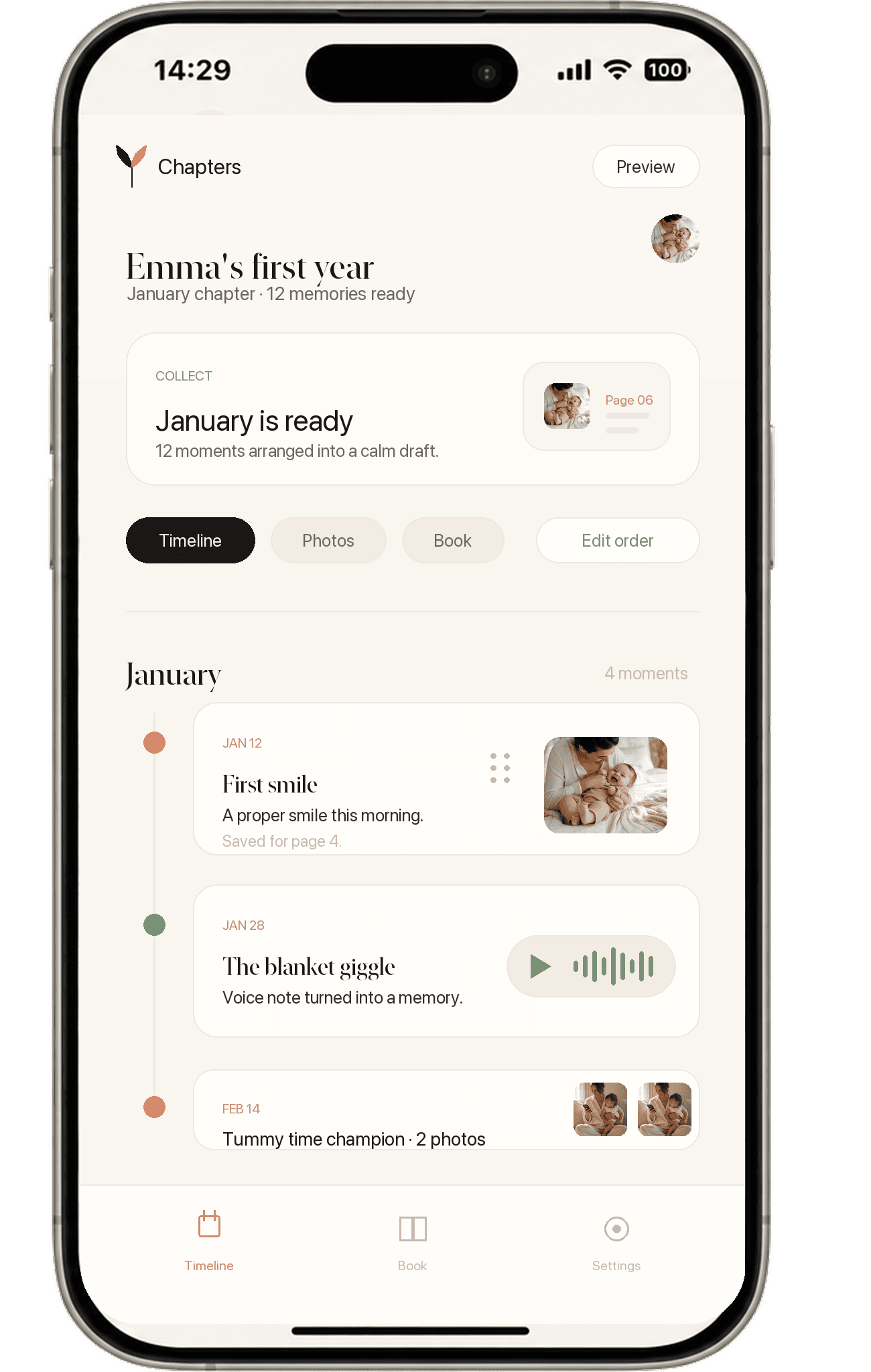 iPhone showing a Chapters dashboard for arranging memories on a timeline